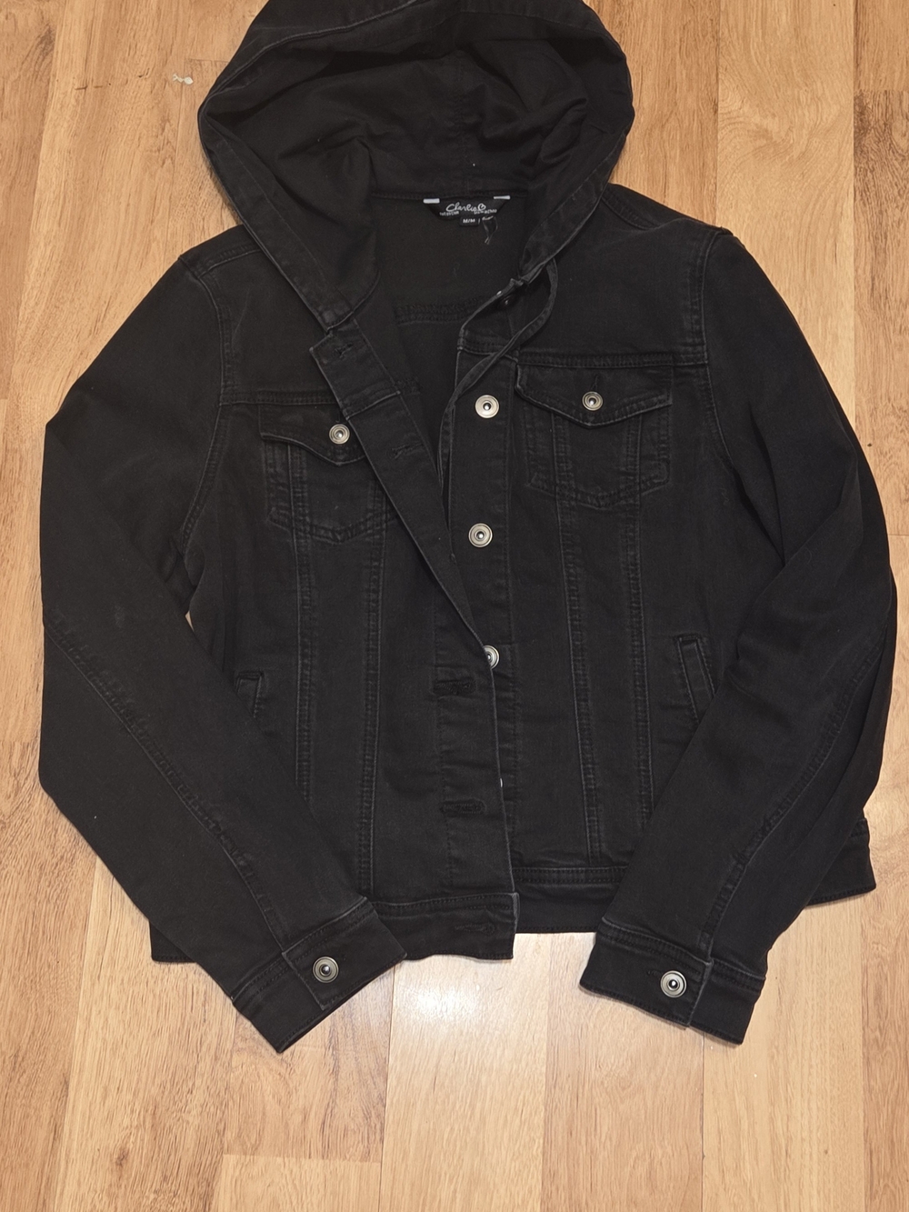 • Charlie B Black Hooded Stretch Denim Jacket Size M